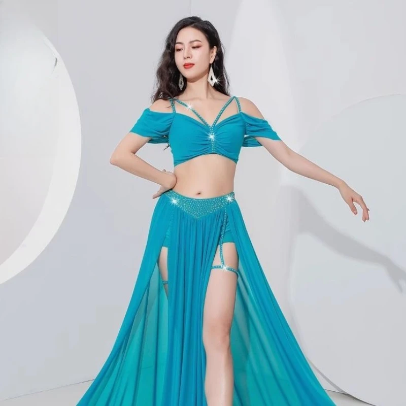 THEEPER Belly Dance Practice Suit for Women, Mesh Short Sleeves Top Sexy Split Long Skirt, Oriental Belly Dance Lesson Wear