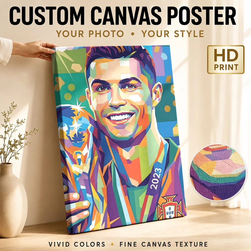 Cristiano Ronaldo with Trophy Canvas Poster Custom Sports Portrait Wall Paintings Decoration for Game Room Gift for Collectors