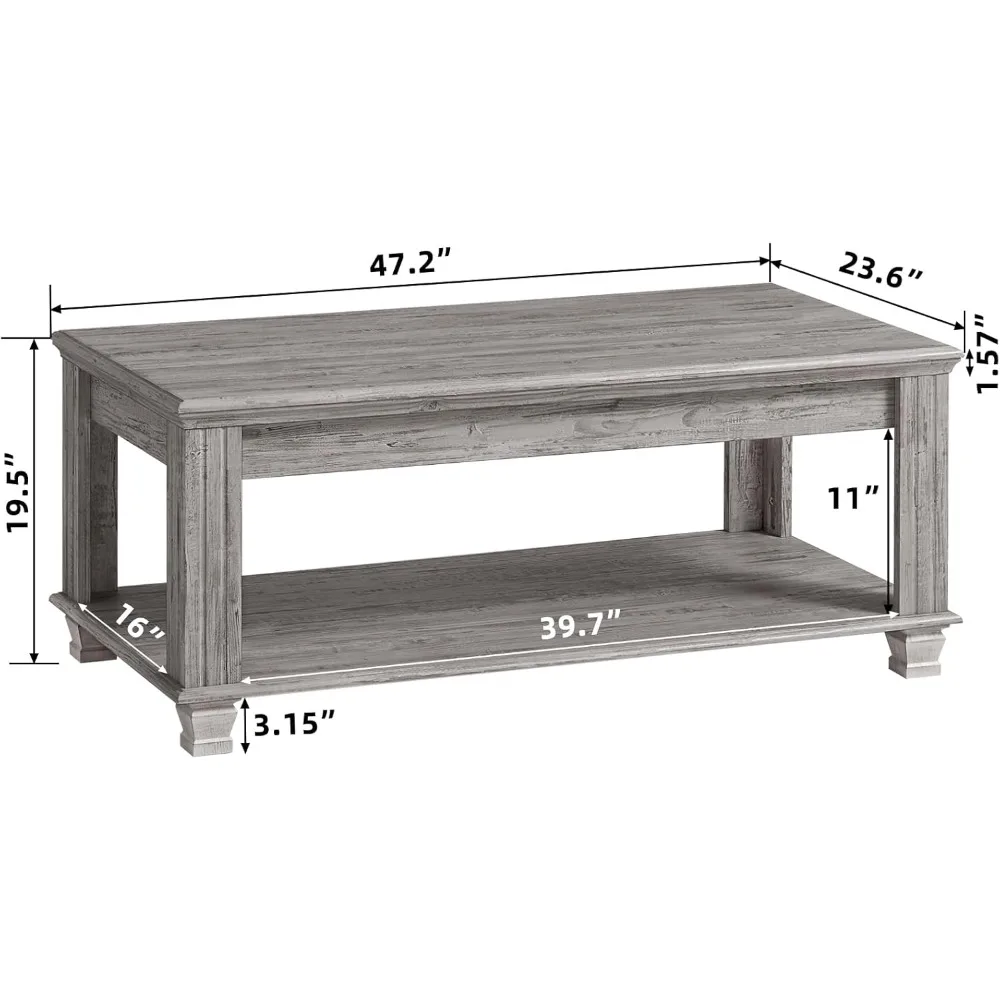 طاولات قهوة المزرعة لغرفة المعيشة، طاولة شاي مربعة مع رف تخزين مفتوح، طاولة قهوة كبيرة، طاولة مركزية خشبية ريفية، G