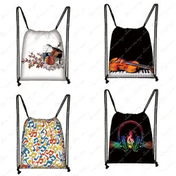 Musical Instrument Print Drawstring Bag Music Notes Backpack Guitar Violin Outdoor Storage Bag Shoes Holder Teenager School Bags