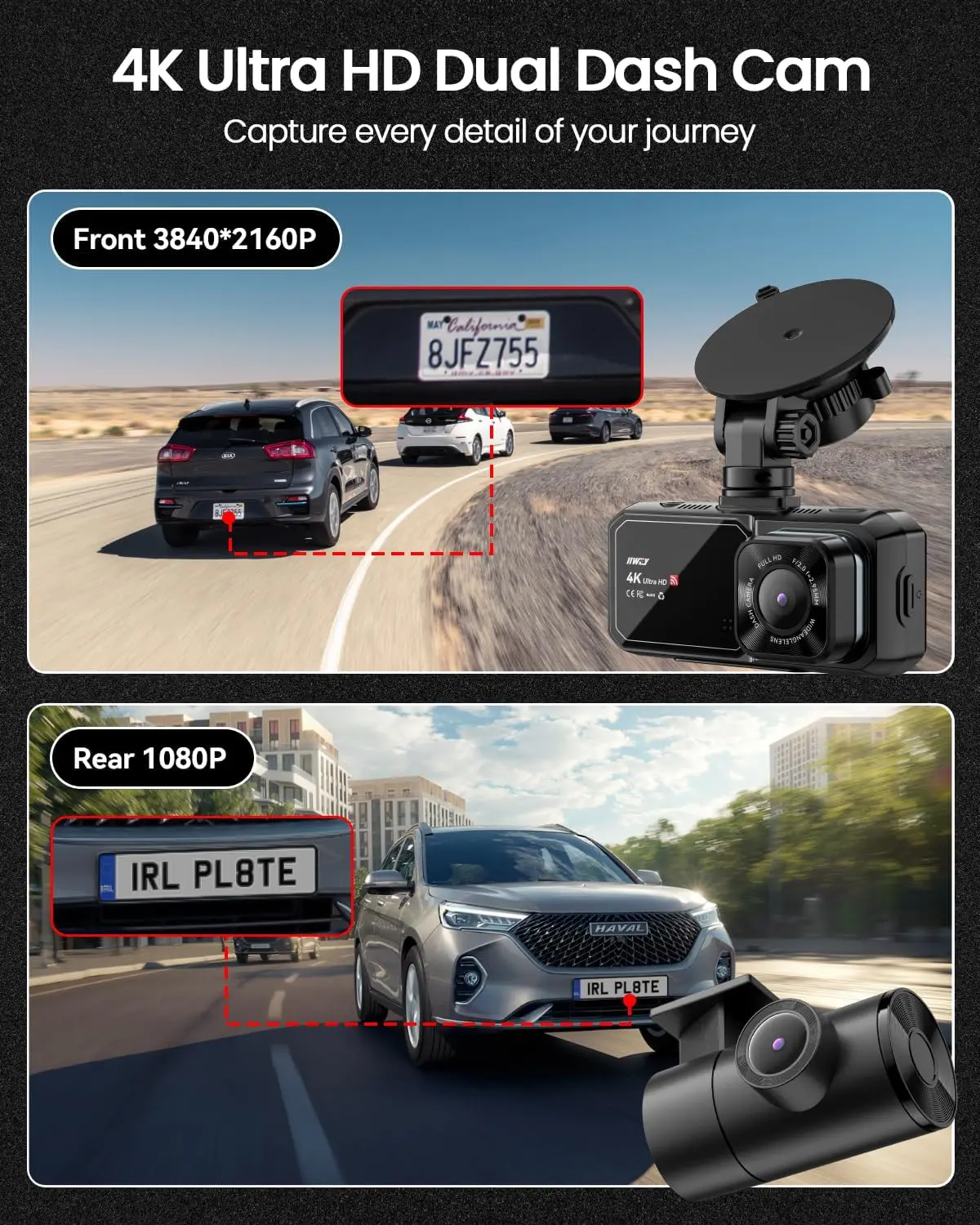 Dash Cam Front and Rear, 4K UHD Dual Dash Camera for Cars, 3.16" IPS Dashboard Camera Recorder Built-in WiFi & APP Control, with