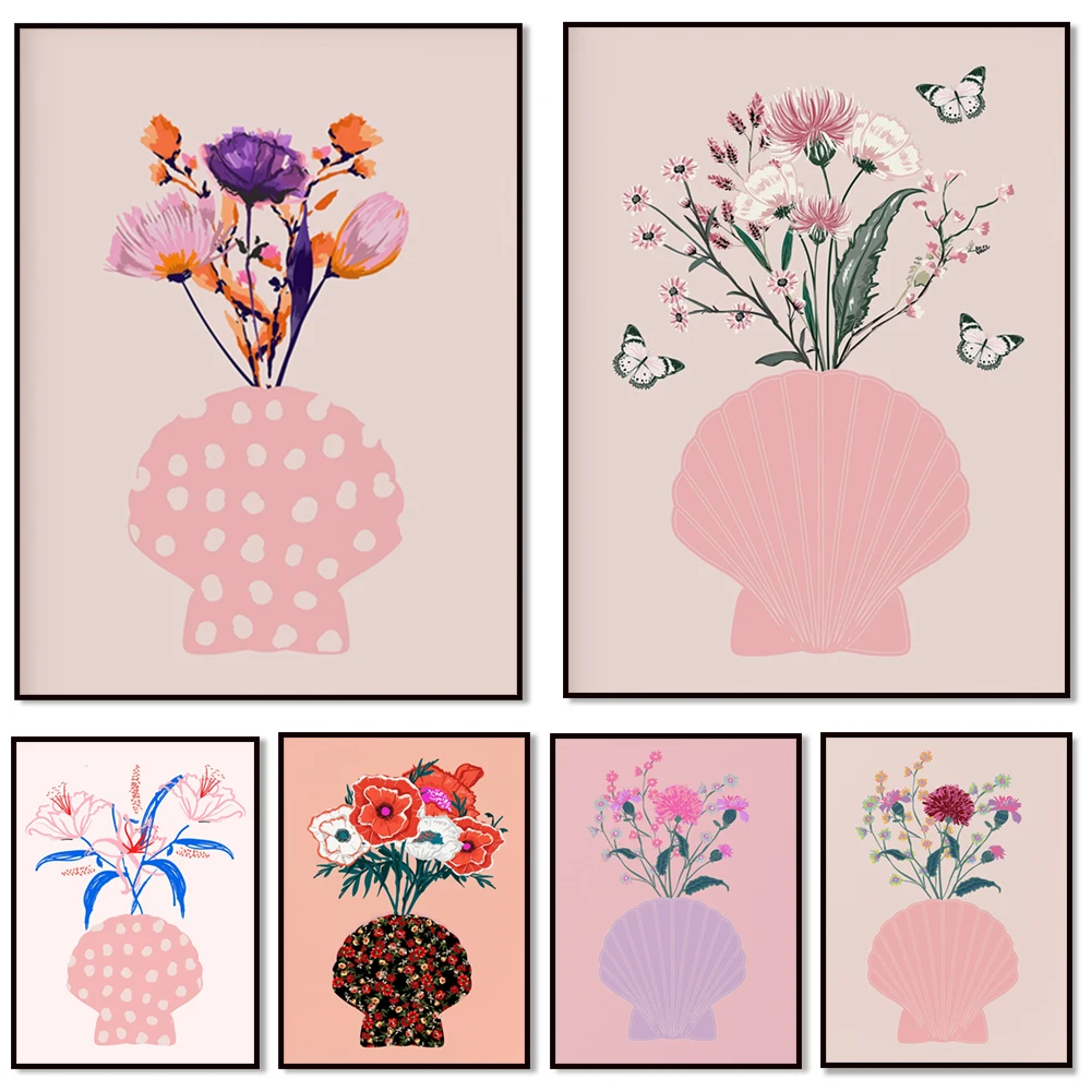 seashell vase art print, pink polka dots, polka dot flower poster, aesthetic flowers gallery wall decor print, floral print