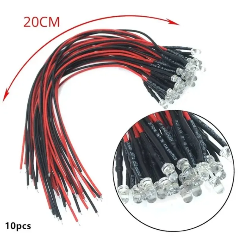 

10 шт. 5 мм 20 см предварительно проводной светодиодный круглый светильник, лампа, чип, бусины, кабель, 12 В постоянного тока, излучающие диоды