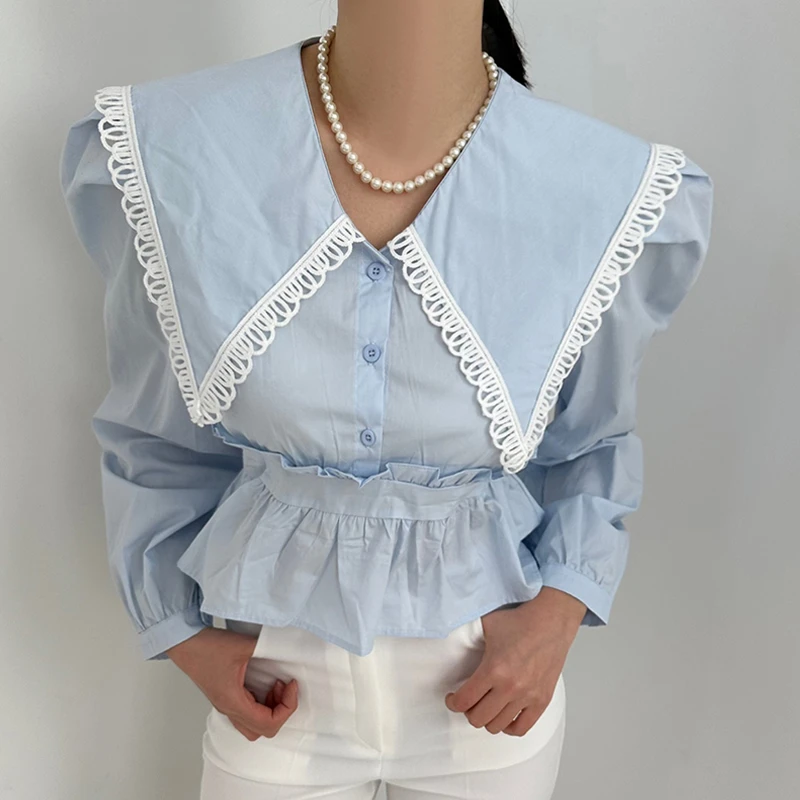 

Женская блузка с воротником-стойкой, кружевными вставками, плиссированным подолом, утягивающая талию, с эффектом похудения, с рукавами-фонариками, из хлопка, для повседневной носки