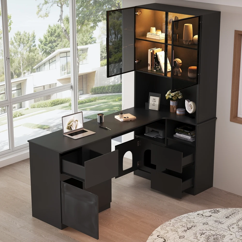 Eckschreibtisch mit Regal und LED-Vitrinenschrank 120×80×180 cm – Schreibtisch mit Kabeldurchführung, 3 Schubladen, 2 Türen, offenen Fächern, Ein Eckschreibtisch mit integriertem Bücherregal