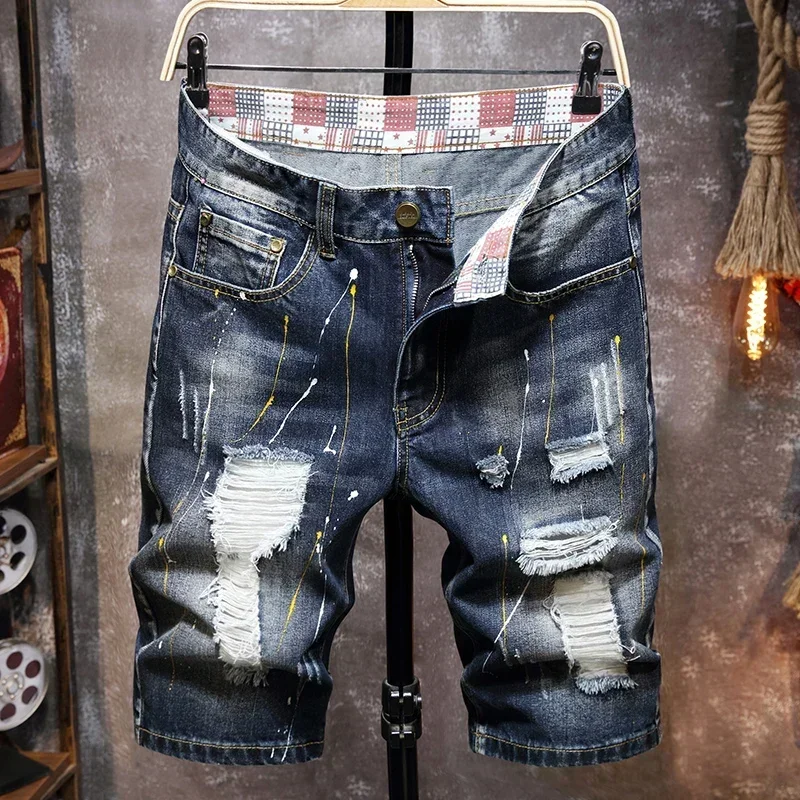 2025 New in Summer Men's Jeans Trend Beggar Quarter Pants Ripped Denim Shorts Loose Straight Painted