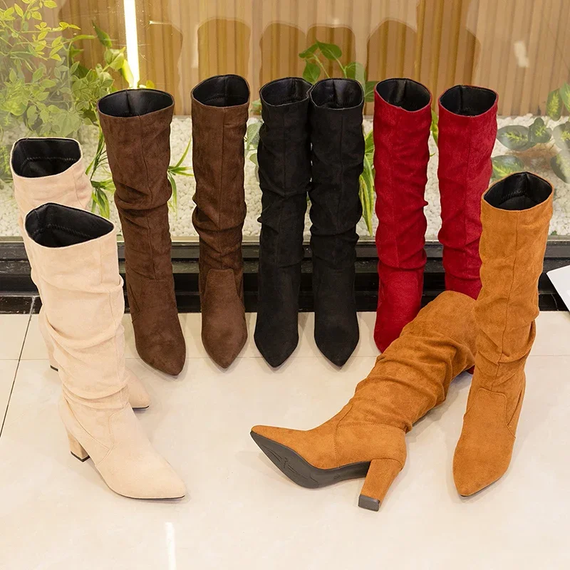 Pointed Toe Pleated Women Long Boots Fashion Slip On Knee High Booties Designer Thick Heels Largas Bootieser