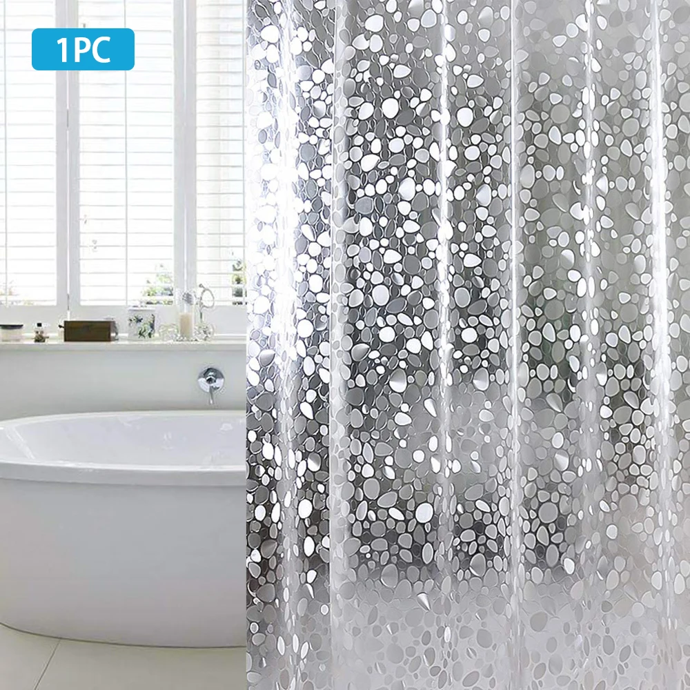 1PC Shower Curtain with Hooks PVC Waterproof Mildew Resistant Antibacterial 3D White Semi Transparent Pebble Shower Curtain