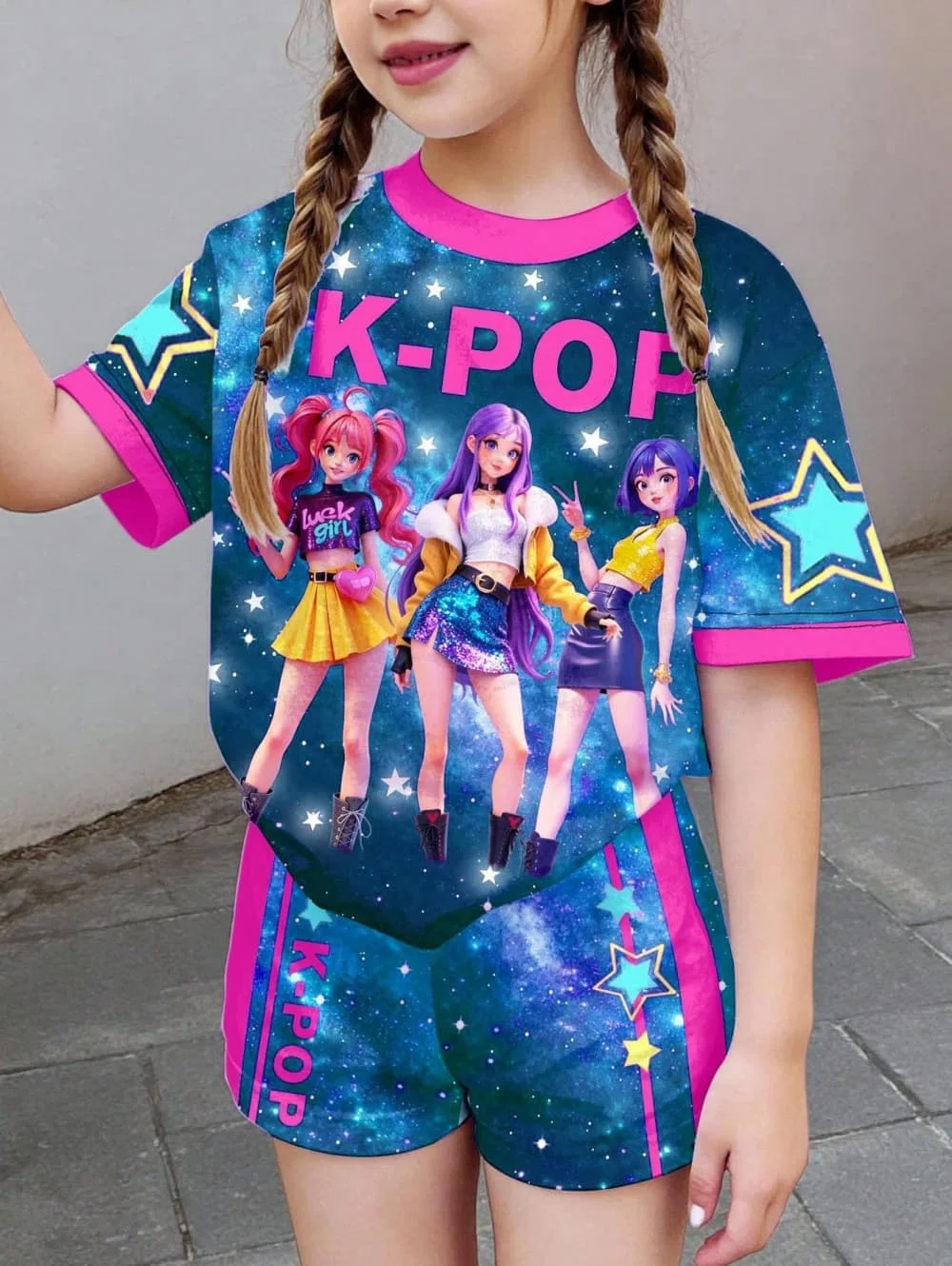 Kpop Cartoon Grafik Mädchen T-Shirt und Hosen Set Mädchen Sommerkleidung Niedliches Kurzarm-Set Kinder T-Shirt und Shorts Set – Detail 7