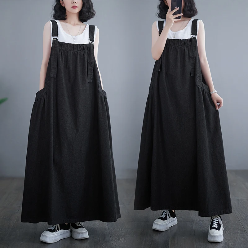 

517 Summer Denim Strap On Dresses For Women Big Swing Simple Black Streetwear Loose Casual 190kg Female Denim Suspender Skirt