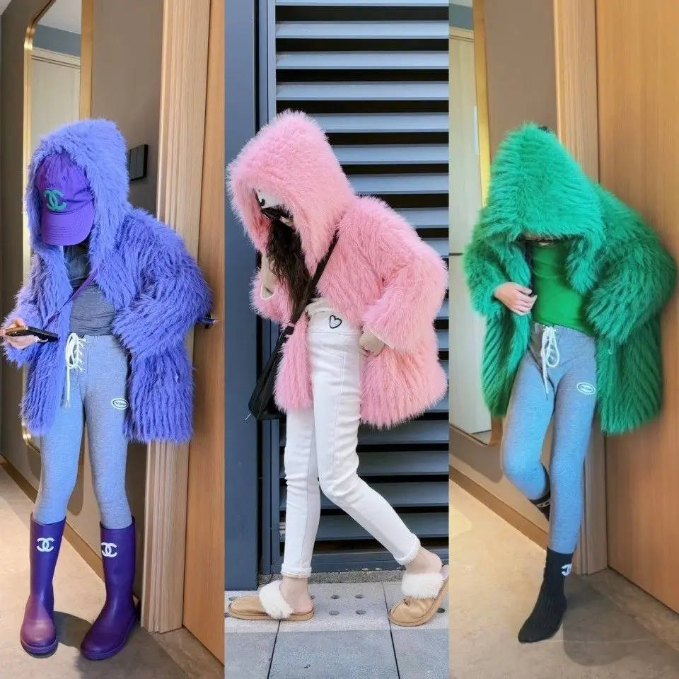 2025 Autumn Winter Children Fur Coat Children Hooded Hairy Korean Imitation Fur Coat Loose Medium To Long Style