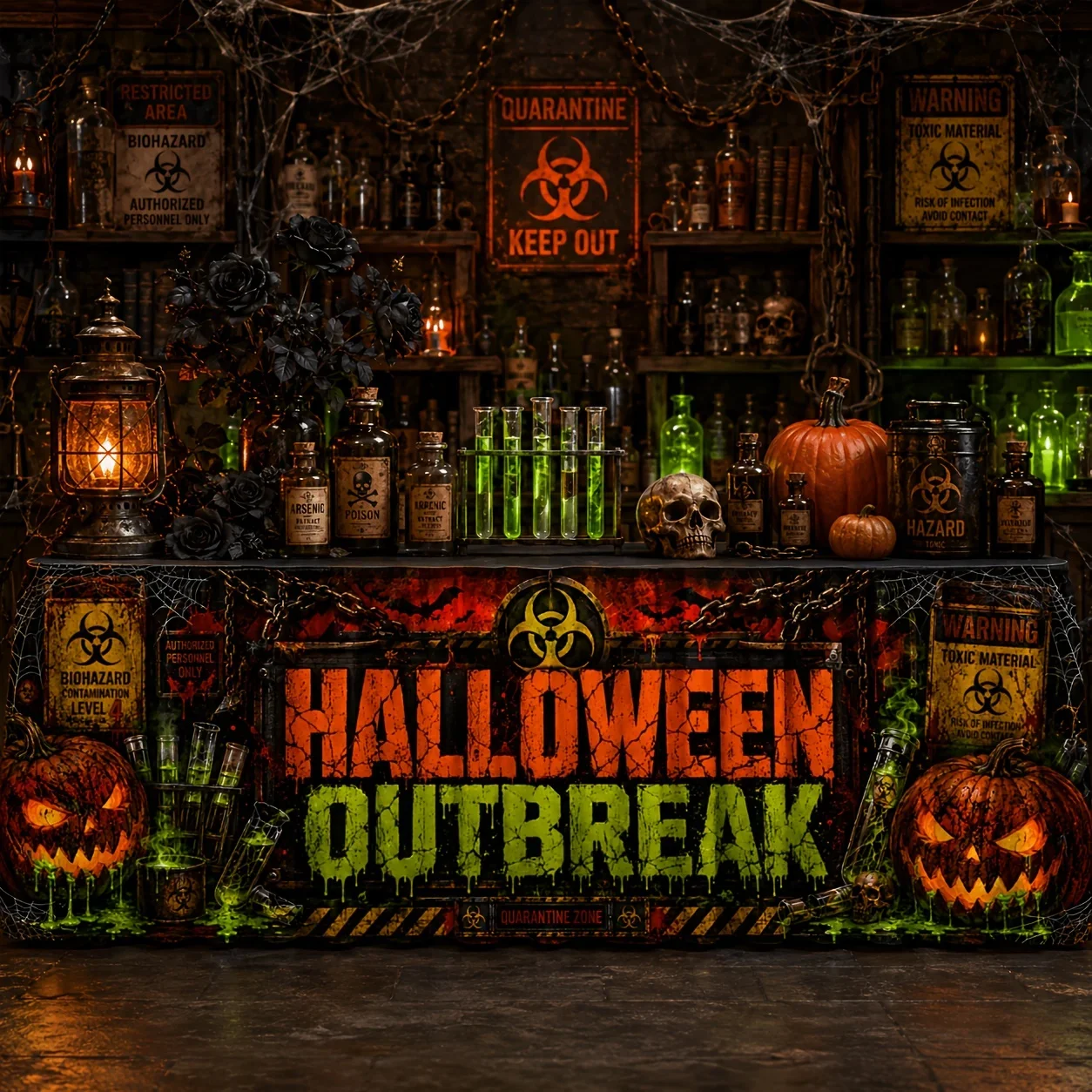 1 piece of Halloween outbreak printed table skirt. Biohazard warning is applicable for the armor ball. Goth style.xzj