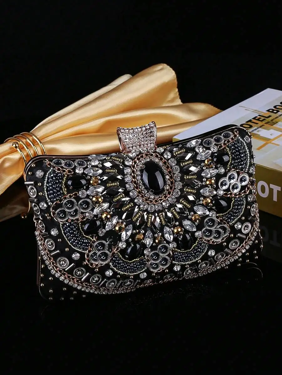 

Black Rhinestone Embroidery Floral Clutch Bag For Women Evening Party Handbag