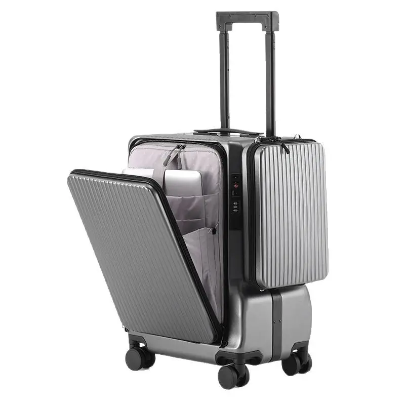 

2024 new suitcase aluminum frame trolley case, front opening USB charging boarding case 20-inch personalized travel business