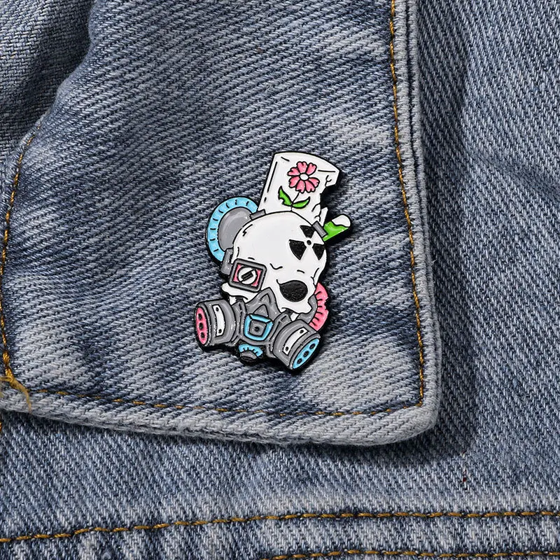 Skull Gas Mask Enamel Pin Nuclear Radiation Symbol Lapel Badge, Cartoon Skeleton With Flower Brooch Punk Gothic Jewelry Backpack