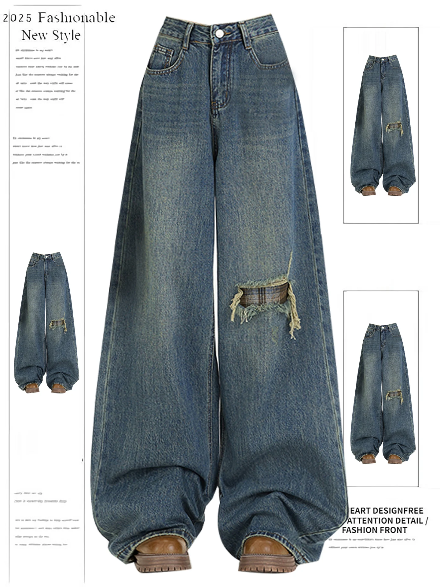 

Retro Blue Waed Denim Jeans Women's Loose Straight Wide Leg Pants High Street Torn Trendy Autumn New Design Casual Faion