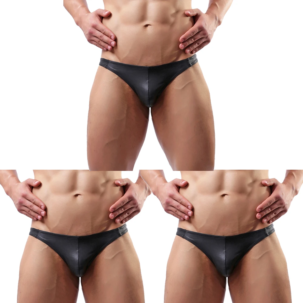 

Erotic Low Waist Gay Underpants Thong Expansion Bag Flat Corner Pants G-trings Briefs 3PCS Black Mens PVC Leather Sexy Underwear