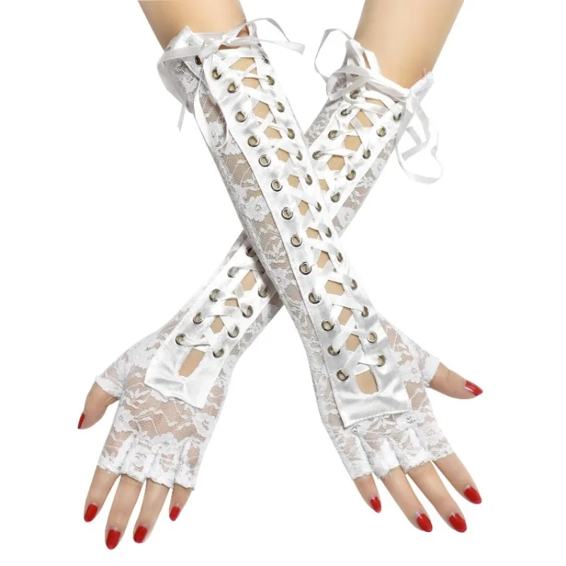Women Sexy Floral Lace Elbow Length Half-Finger Gloves Black String Ribbon Ties Up Dance Party Fingerless Fishnet Mesh Mittens