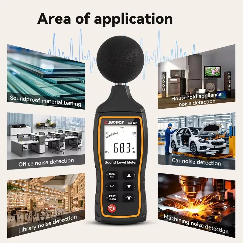 مقياس ديسيبل صناعي 30 ~ 130 ديسيبل ميكروفون مكثف بإضاءة خلفية عرض مقياس مستوى الصوت Oem