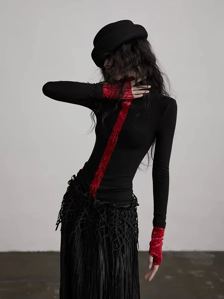 Y2K Patchwork Turtleneck T Shirt Women Japanese Streetwear Slim Long Sleeve Tops Autumn Winter Harajuku Gothic Splicing Tees