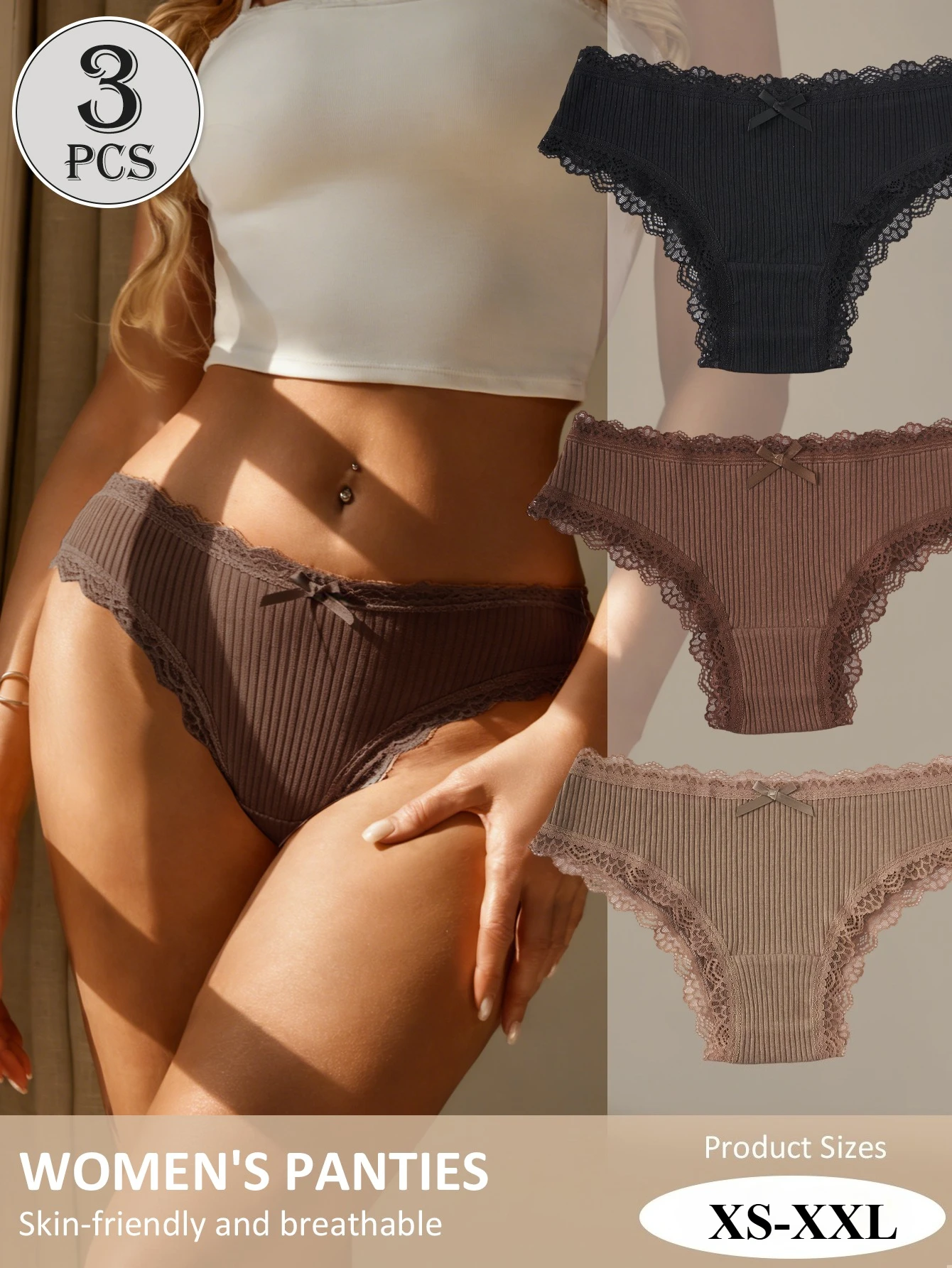 3Pcs Ladies Ribbed Knit Panties Delicate Lace Edge Bow Mid Rise Soft Stretchy Breathable Solid Women Briefs Intimate Underwear