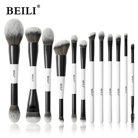 Beili conjunto de pincéis de maquiagem de ponta dupla profissional 12 peças contorno vegano fundação pó sobrancelha bronzer escovas kit de cosméticos