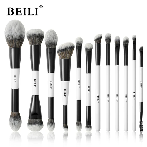 Imagen 1 del producto BEILI-Juego de brochas de maquillaje de doble punta, profesional, 12 Uds., contorno vegano, base en polvo, bronceador de cejas, Kit de cosméticos
