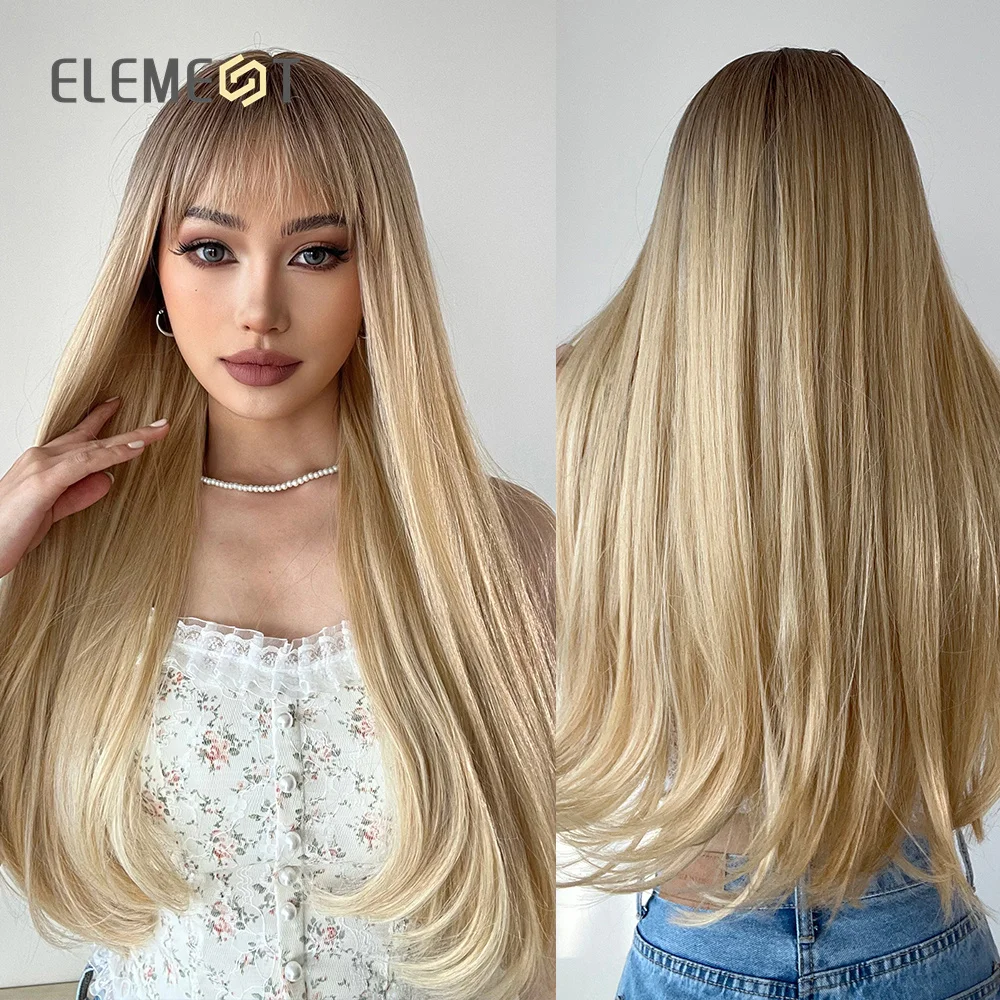 

Element 2022 New Style Long Straight Blonde Hair Wigs with Bangs for Women Heat Resistant Daily Party Cosplay Wig