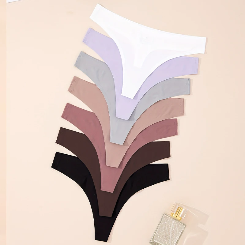 7PCS/Set Ice Silk Seamless Women G-String Panties Sexy Low-Waist Thongs T-Back Female Solid Color Soft Underwear Utral-Thin Pant - Image 2