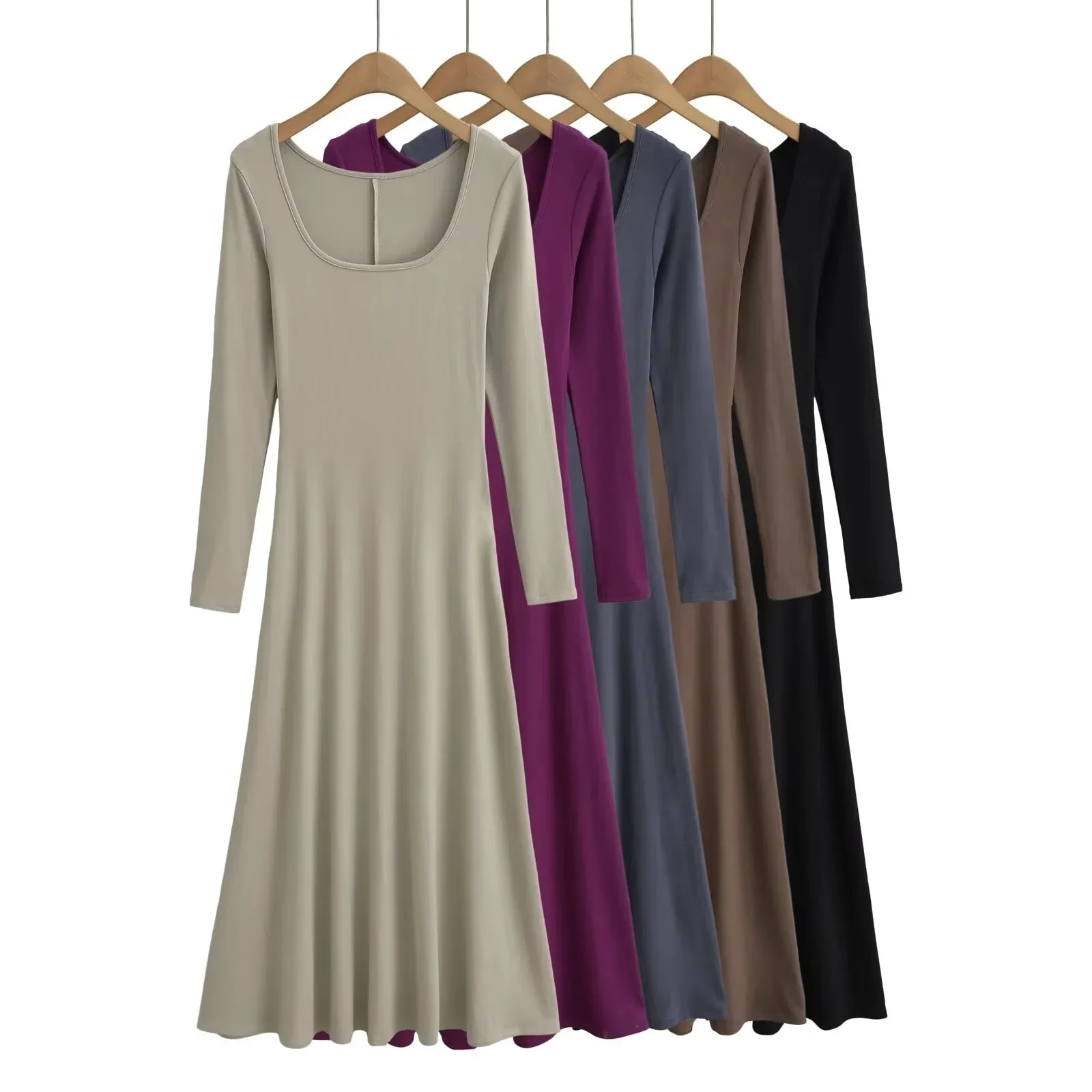 موضة جديدة نمط البلوز بأكمام طويلة ساحة الرقبة متوهج ألف خط عالية الخصر فستان التخسيس متوهج بلون فستان طويل 0XJ7