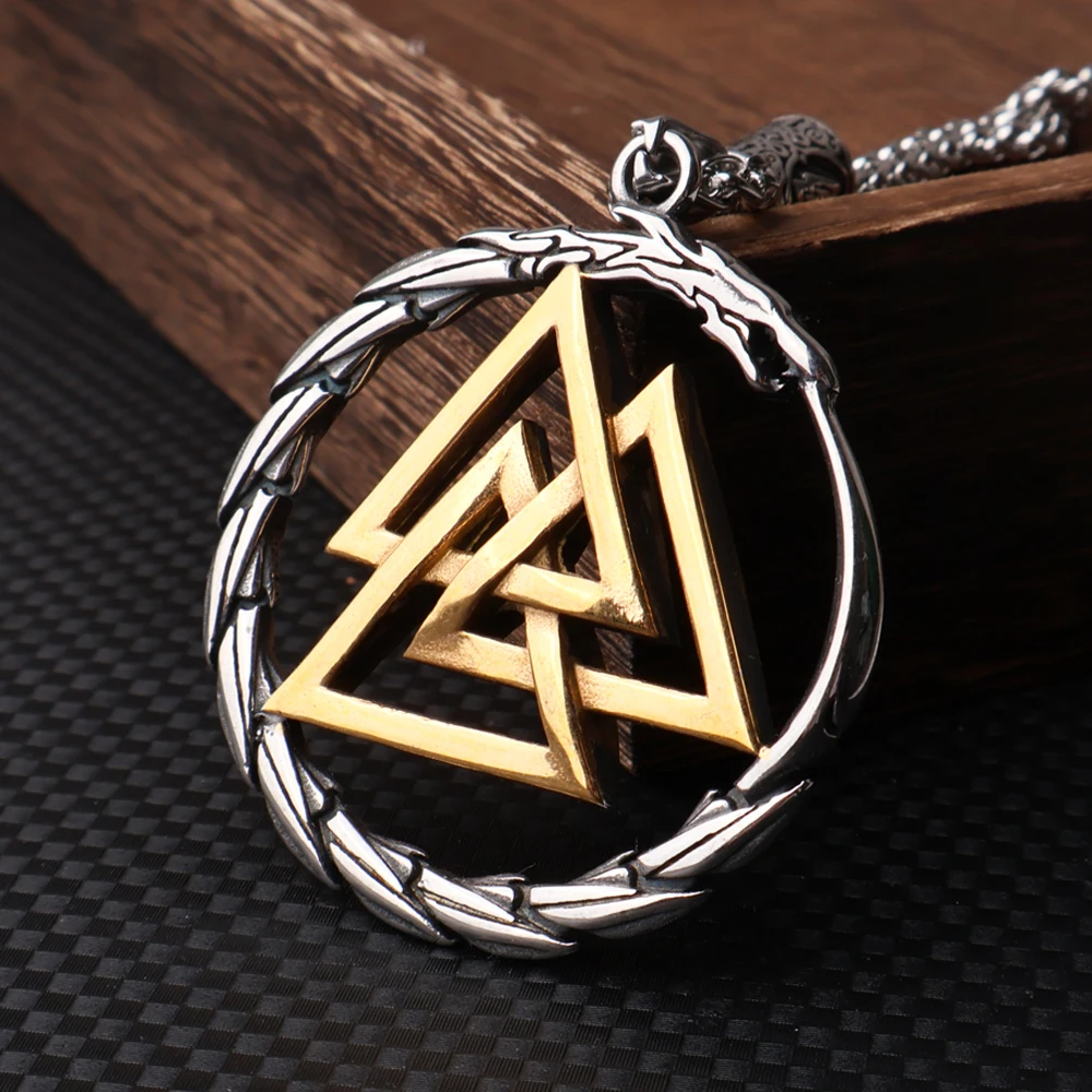 Vintage Norse Viking Ouroboros Necklace Men 316L Stainless Steel Viking Valknut Pendant Necklace Biker Amulet Fashion Jewelry