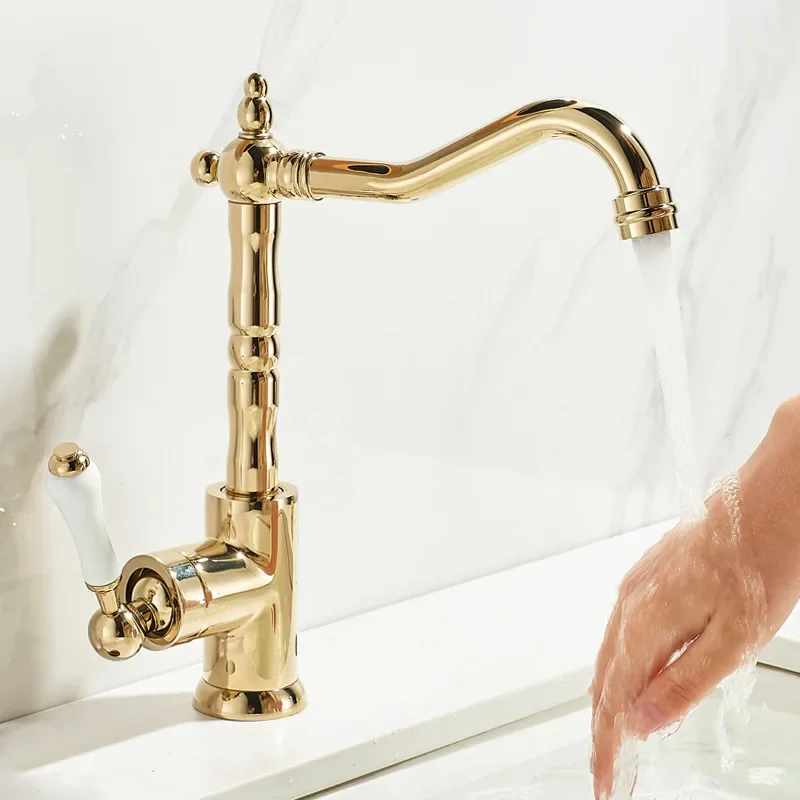 Chrome Antique Brass Basin Faucets Single Handle Mixers Taps 360 Rotation Kitchen Faucet Kitchen Mixer Taps Gold