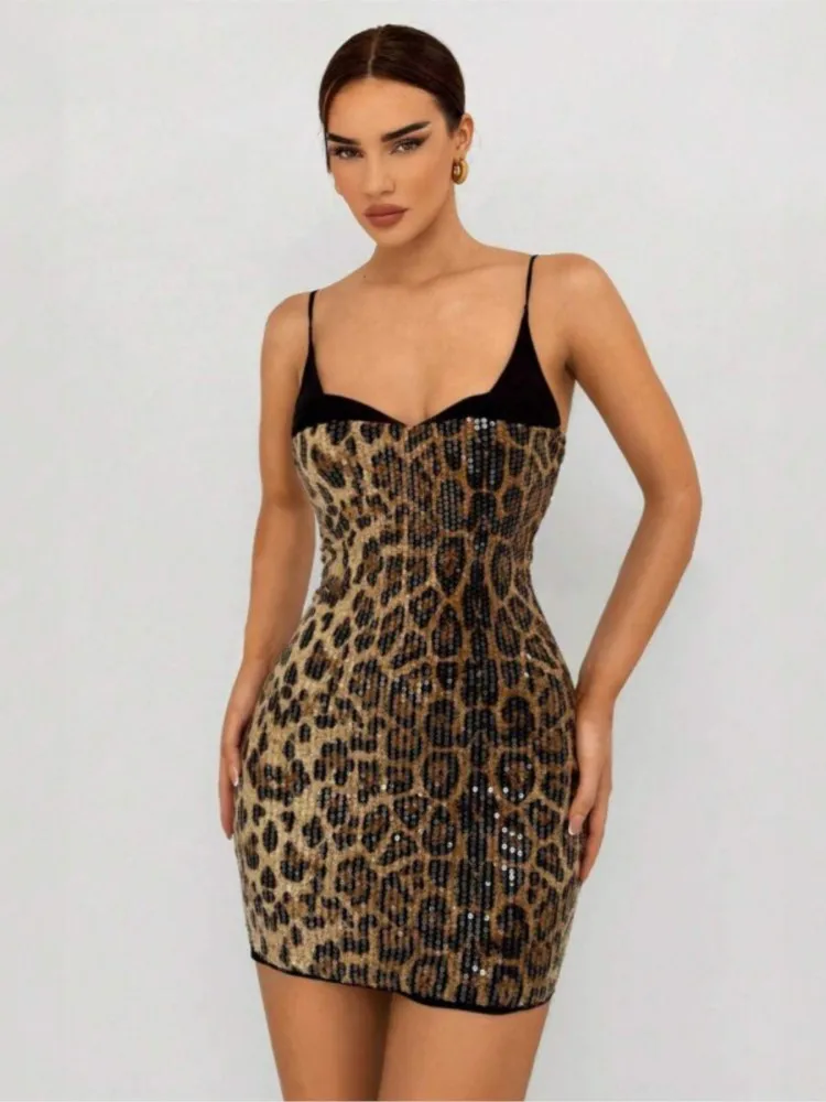 

Women's Sequin Leopard Spaghetti Strap Cocktail Dress Sexy Package Hip Bodycon Party Night Club Mini Dresses Trendy Streetwear