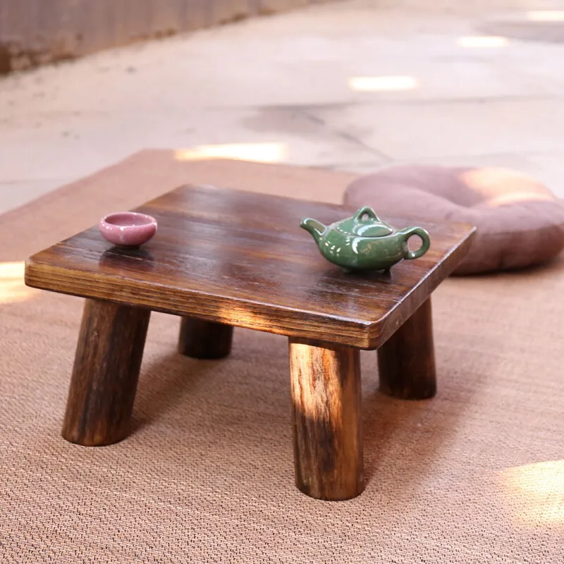 Japanese Burnt Tongmu Wood Low Table, Solid Wood Tatami Tea Table, Compact Balcony Coffee Table for Home Window Sill, Rustic