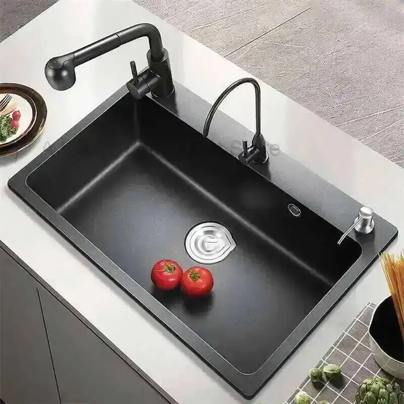 Black Modern Bowl Granite Kitchen Sink Stone Home Improvement Kitchen Items Householgd Kitchen Bar Sink with Drain Accessories