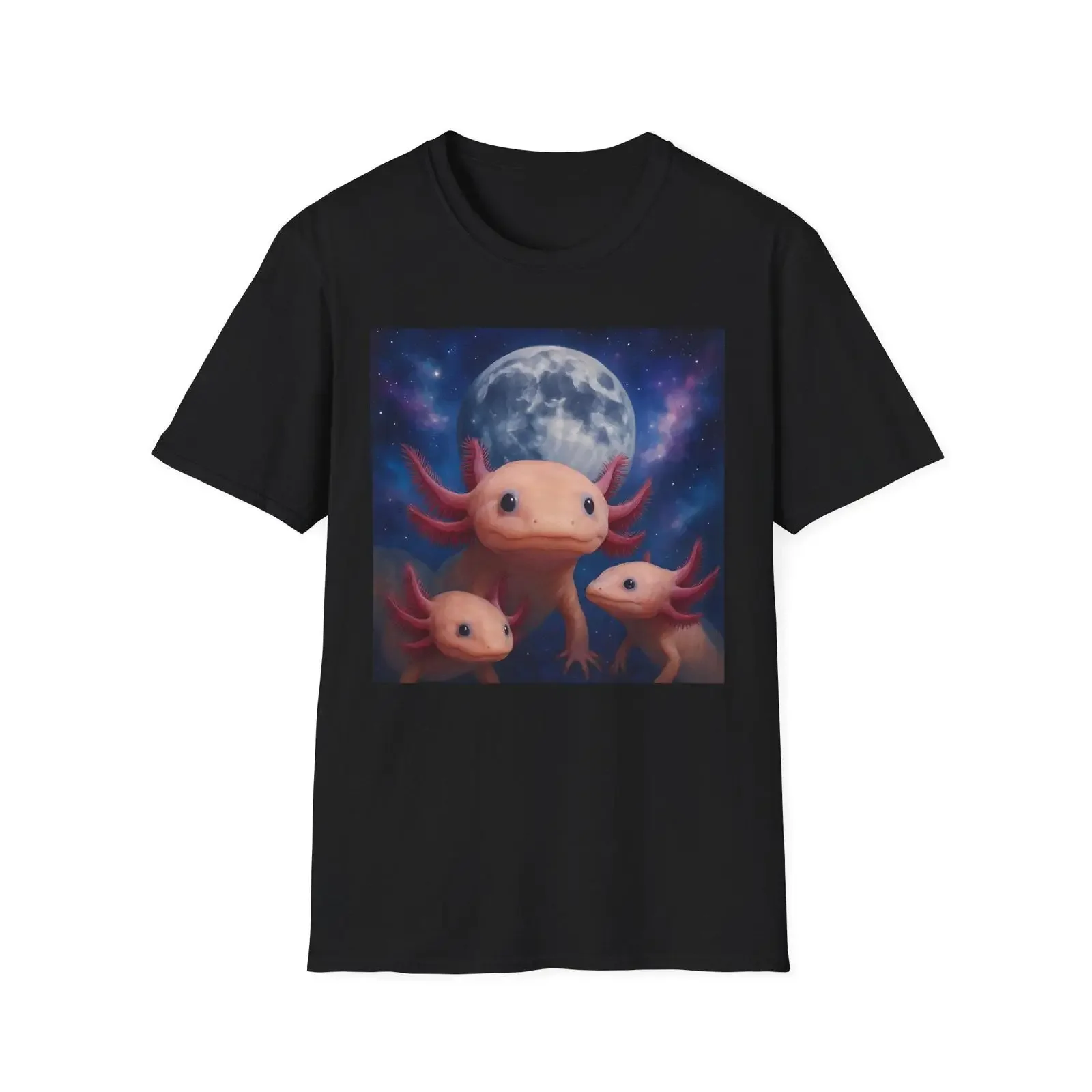Three Axolotl Moon T Shirt Cosmic Funny Salamander Retro Animal Top Cute Meme vintage Washed Casual Stretched Comfortable