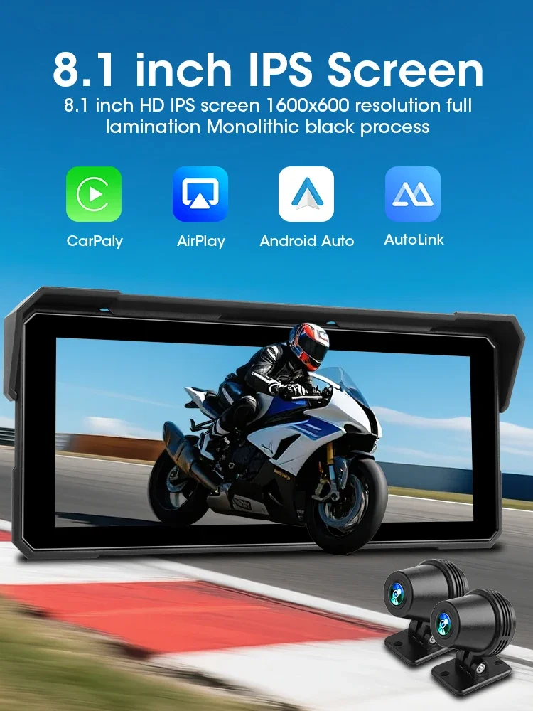 Jansite 8,1 inch motorfiets Carplay 4K + 1080P dubbele lens IPX7 waterdicht draadloos CarPlay en Android Auto Moto GPS-navigatie - afbeelding 2