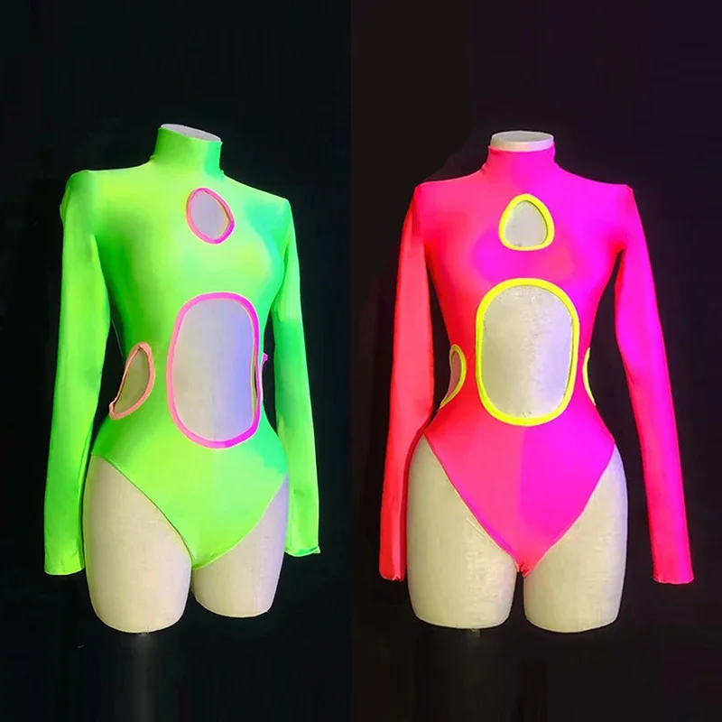 Sexy Rave Outfit Dj Ds Clubwear colore fluorescente body Show Hollow Pole Dance Costume Nightclub Jazz Gogo Dancer Clothes