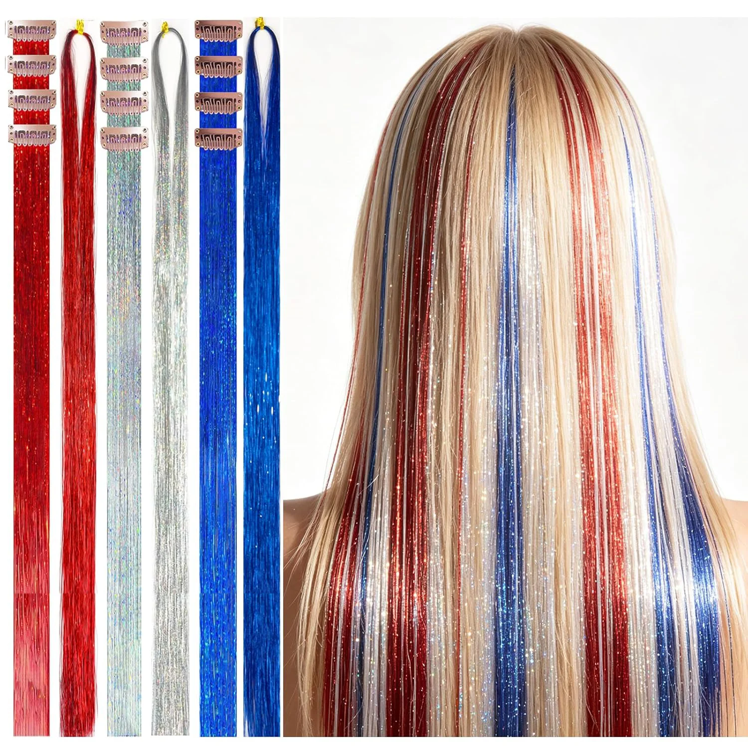 Red Silver Blue Hair Tinsel Set Clip in 12Pcs Sparkle Soccer Game Day Hair Accessories Loose Tinsel For Sports Fans Synthetic