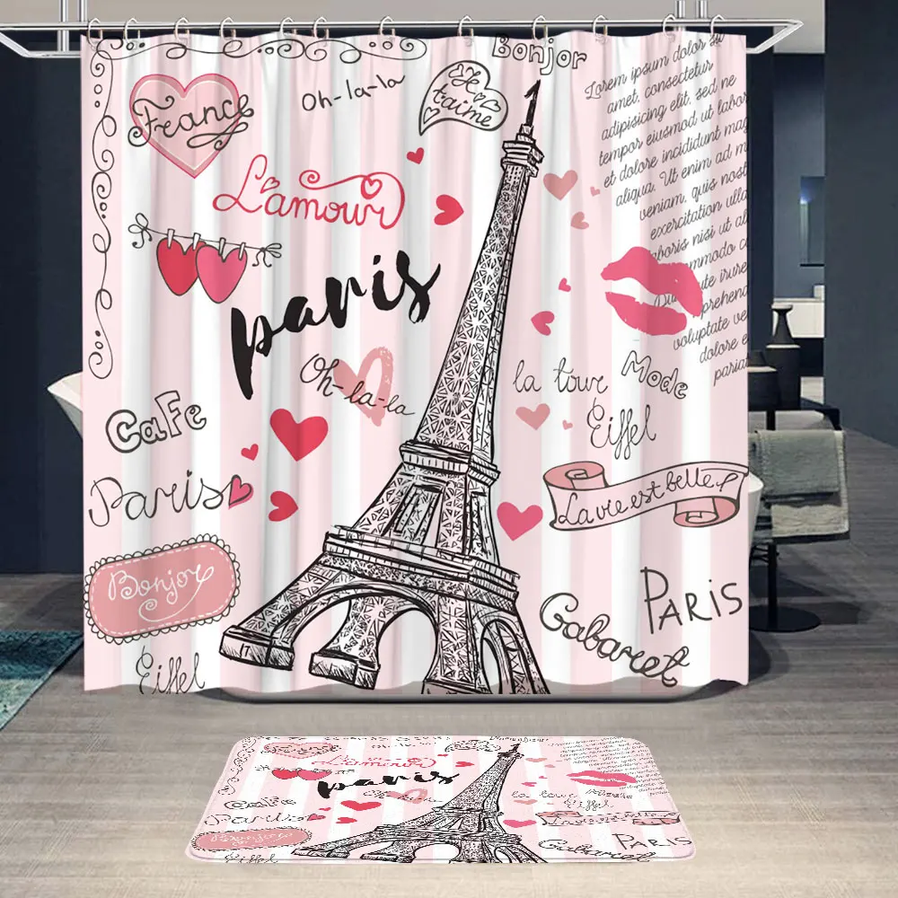 Cosmetic Perfume Floral Shower Curtain Paris Eiffel Tower Pink Shower Curtain Valentine\'s Day Bathroom Rug Set Bathroom Decor