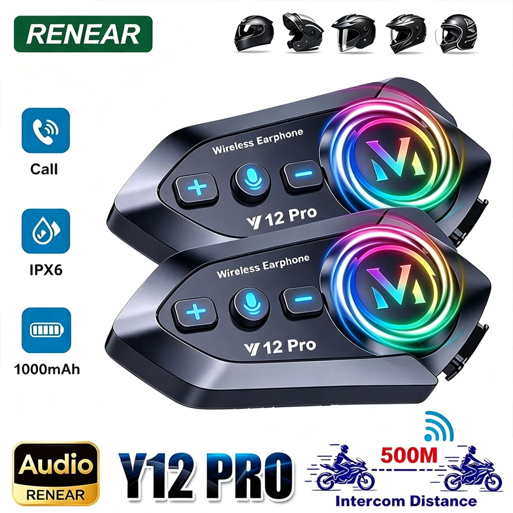 Y12 Pro Moto Helmet Headset 500M Intercom For Motorcycle Outdoor Cycling Bluetooth Wireless Earphone Interphone Helmet Headset