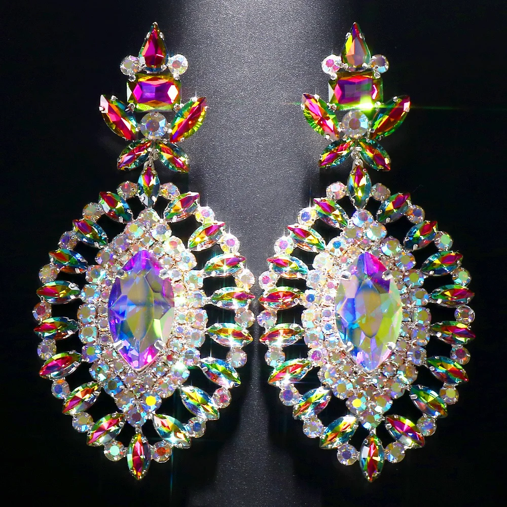 AB Colorful Rhinestone Exaggerated Jewelry Set Party Accessories Bridal Geometric Crystal Necklace Earrings Set for Women