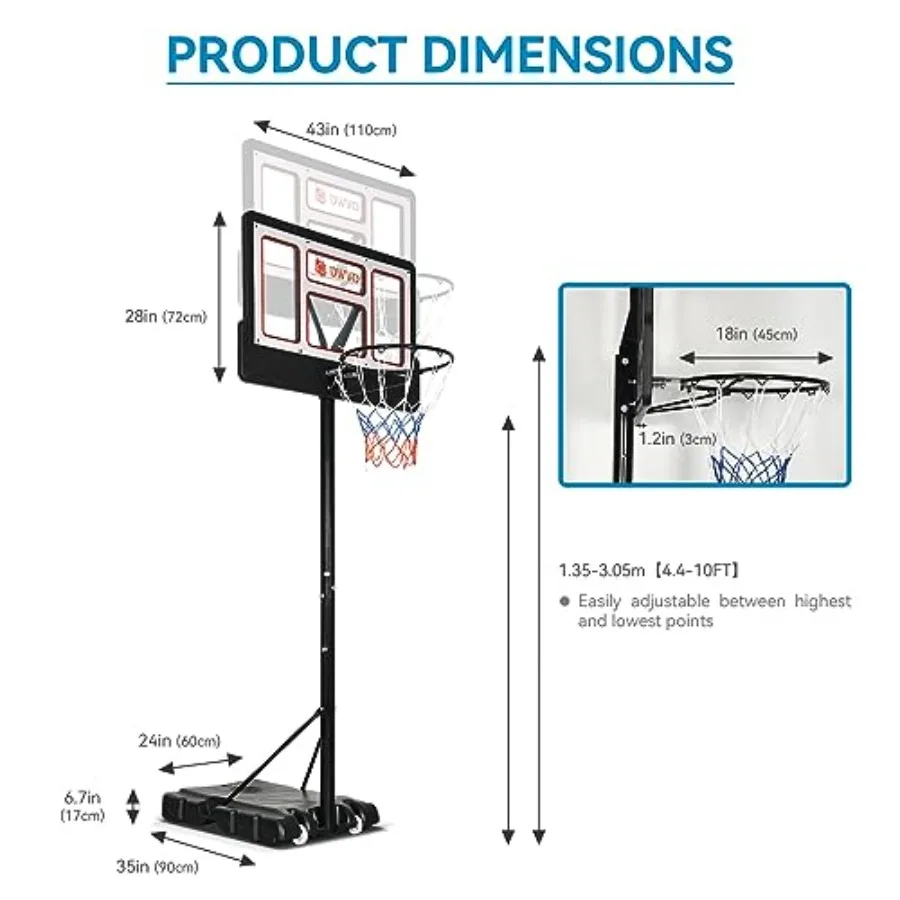 Портативные баскетбольные кольца для уличного баскетбольного кольца, регулируемое 10 футов, с небьющейся пластиной 44 дюйма и ободом 18 дюймов 4.