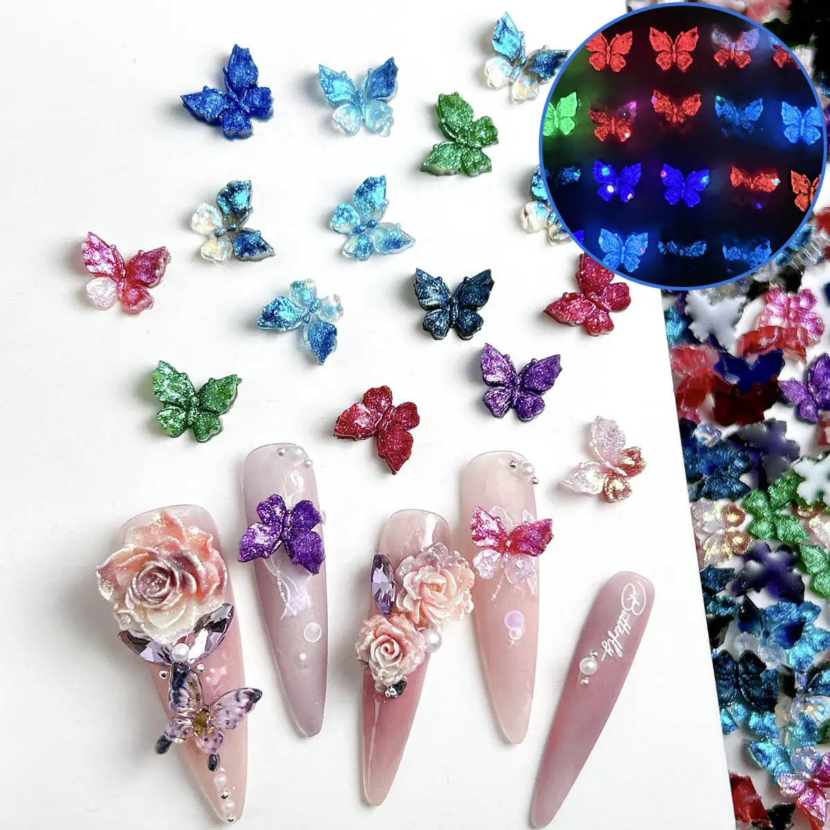 

50Pcs Luminous Gradient Soft Butterfly Nail Art Decoration Resin Fine Glitter Colorful Butterfly Nail Charms DIY Crafts Parts
