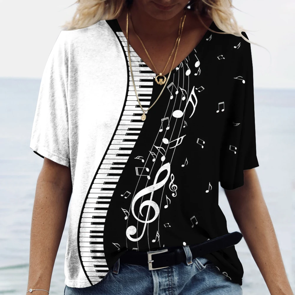 Music Piano Print Women\'s T Shirt V-neck Oversized Pullover Harajuku Clothing Fashion Short Sleeve Loose Tops Summer Basic Tees