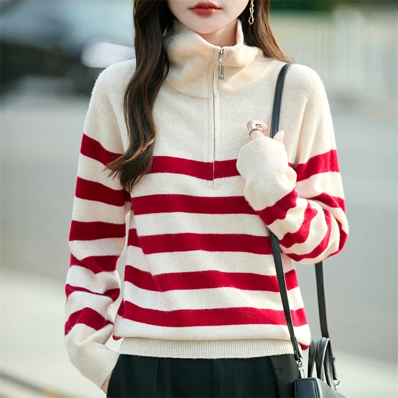 

Half-zipped Chain Pattern Sweater 100% Merino Wool FashionableAge-reducingSlim-fitting SimpleWarmColor-blocking