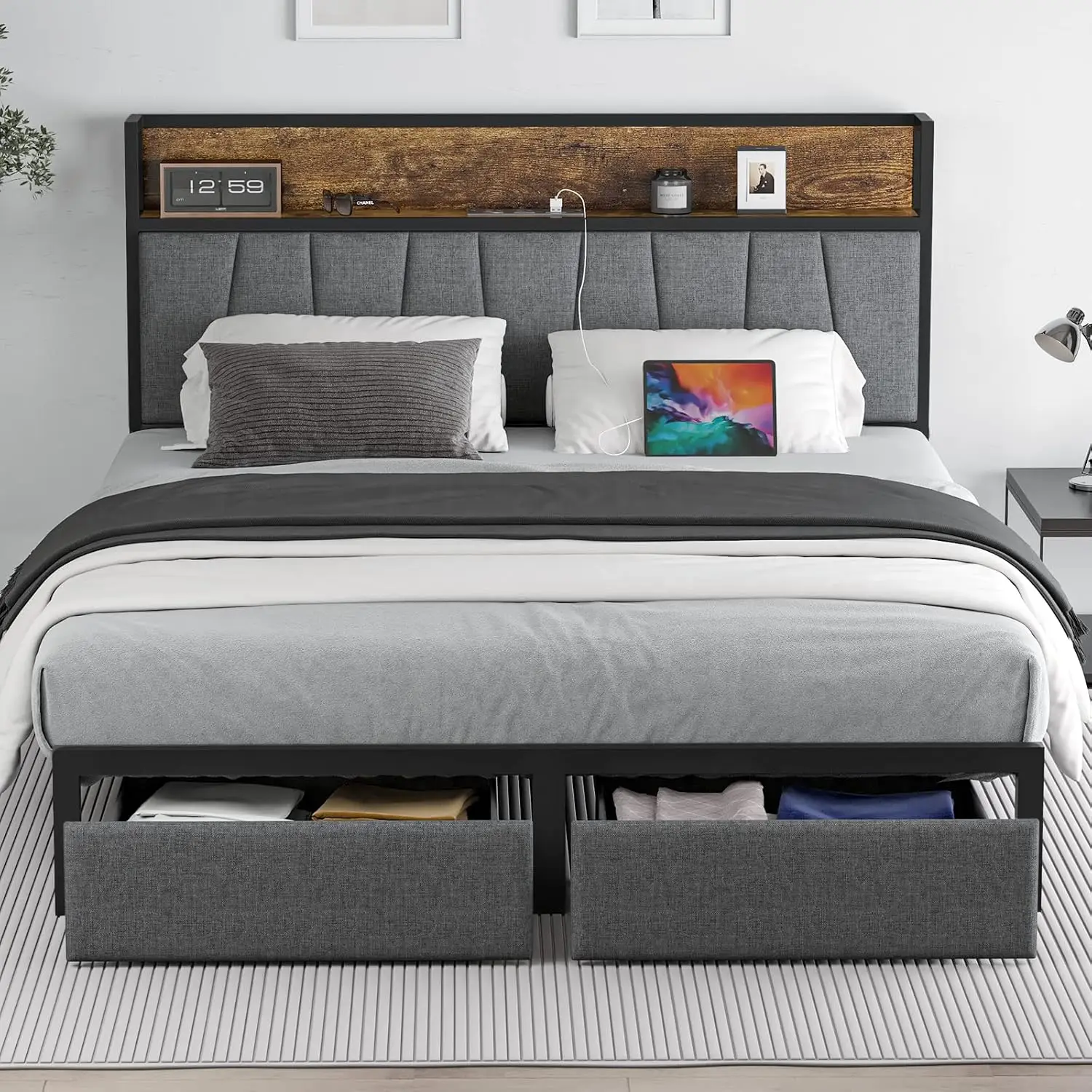 King Size Bed Frame with Headboard and Storage, King Size Platform Bed Frame with Drawers Storage Chargin Station LED Light