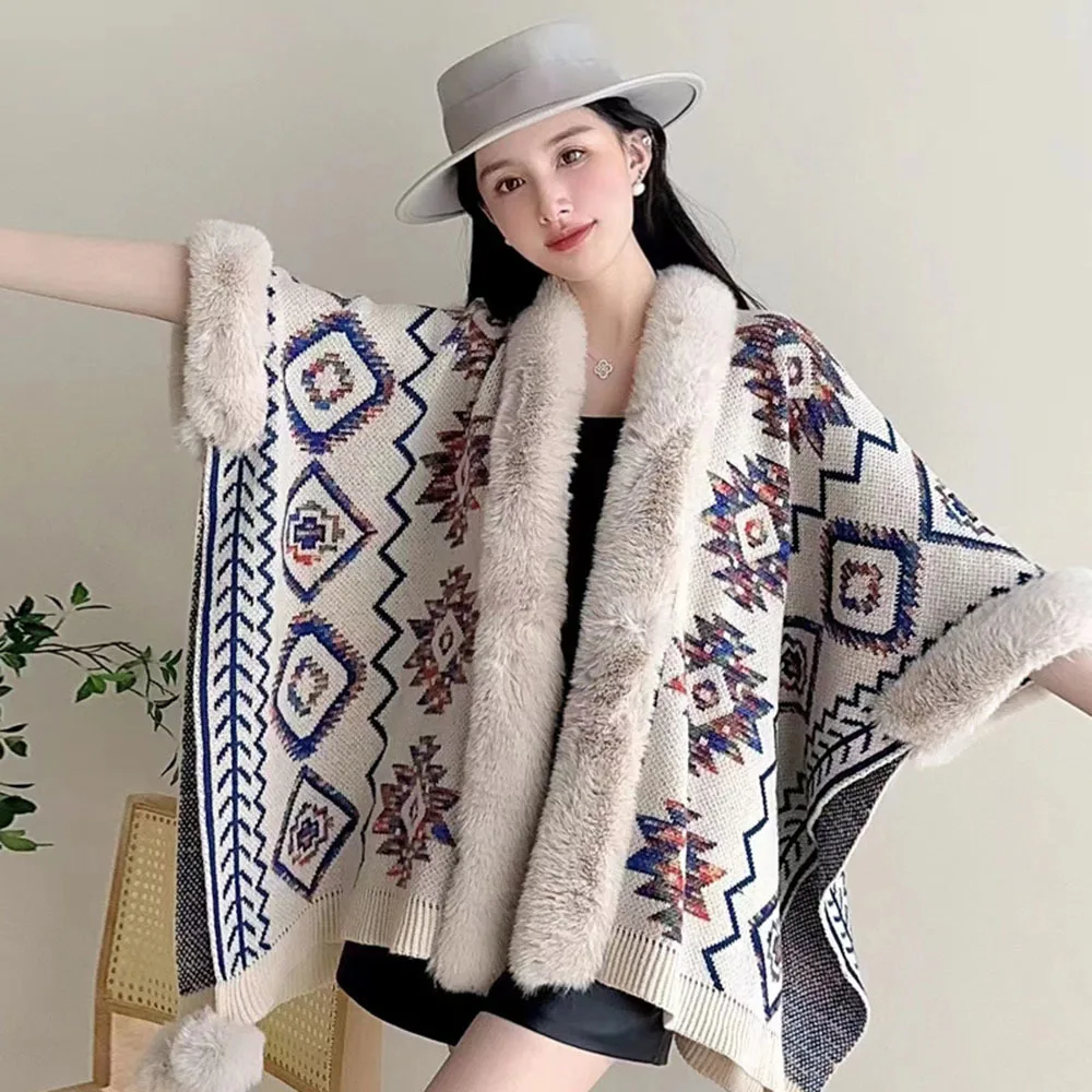 

Ethnic Style Plush Ball Poncho Jacket Women Casual Print Warm Cape Outwear Fall Winter Vintage Jacquard Knitted Shawl Cloak Coat