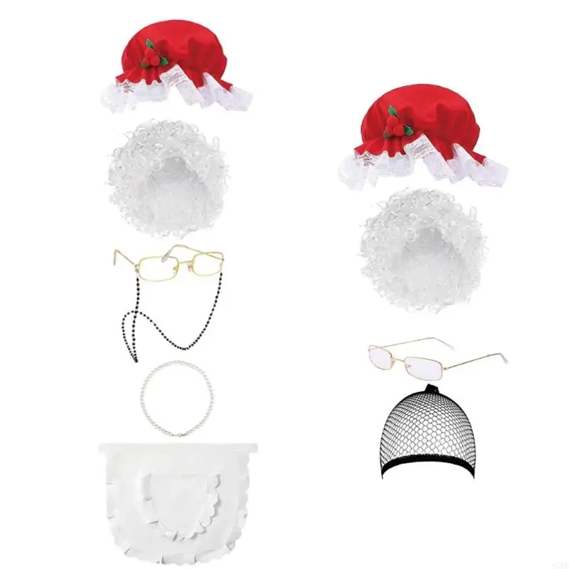 

N7YF Mrs. Clause Hat Santa Hair Eyeglasses Necklace Apron Set Christmas Santa Costume Accessories for Women Kid Cosplay