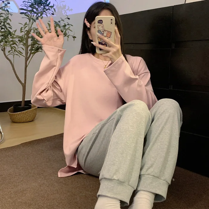 New Women Spring Autumn Pajama Set Girls Round Neck Loose Long Sleeve Pants Student Home Wear Worn Outside Lady Casual Two-Piece